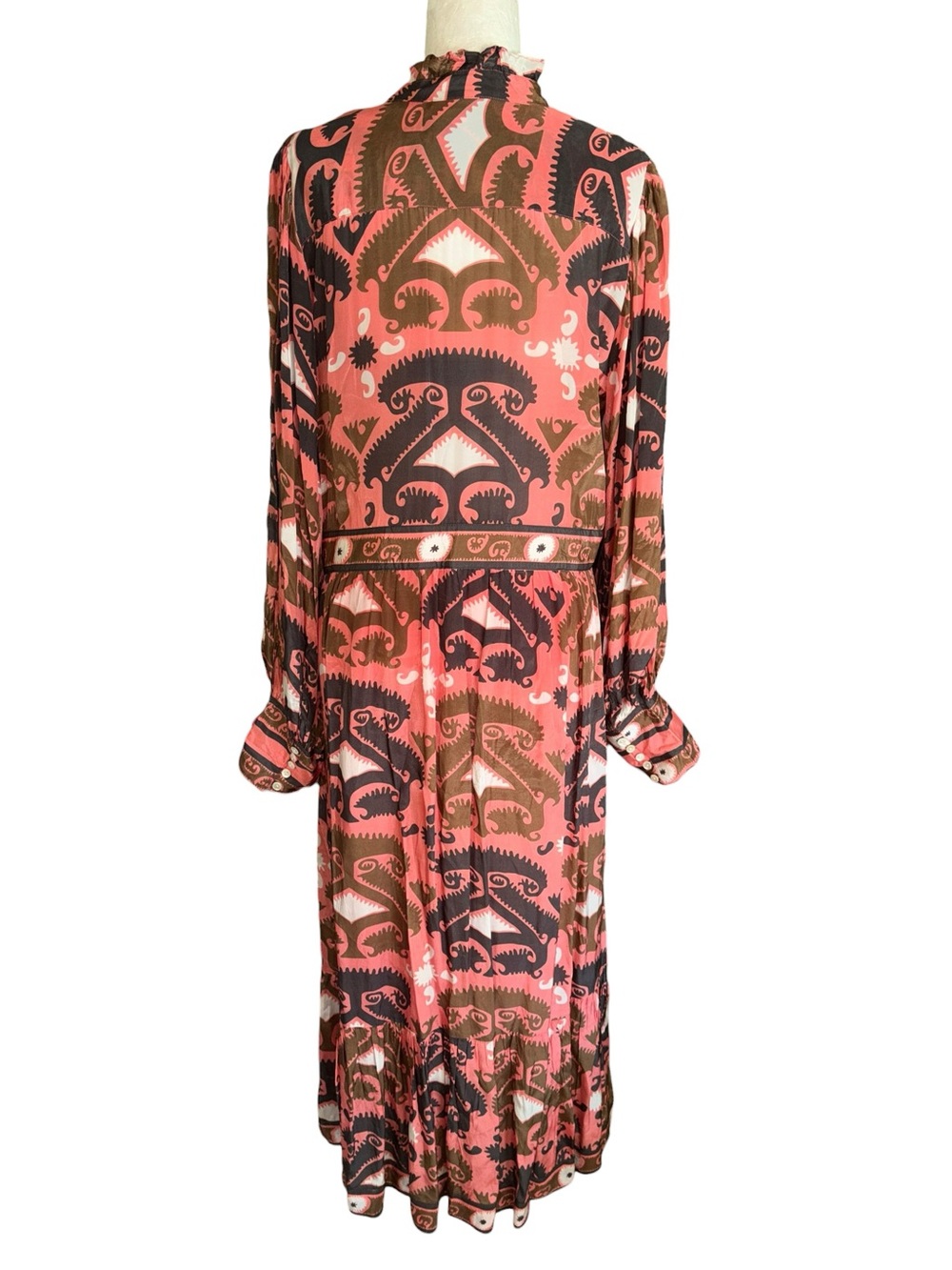 Oliphant Uzbek Coral Printed Shirt Waist Maxi Dress - L - Picture 7 of 11